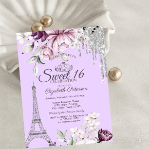 Invitación Torre Eiffel, gotas, flores de lila Cumpleaños 16