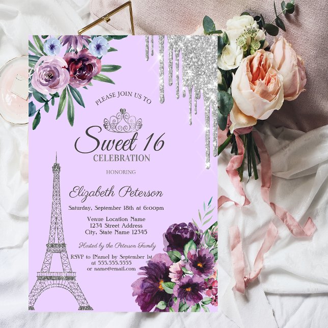 Invitación Torre Eiffel, gotas, flores púrpuras Sweet 16 (Subido por el creador)