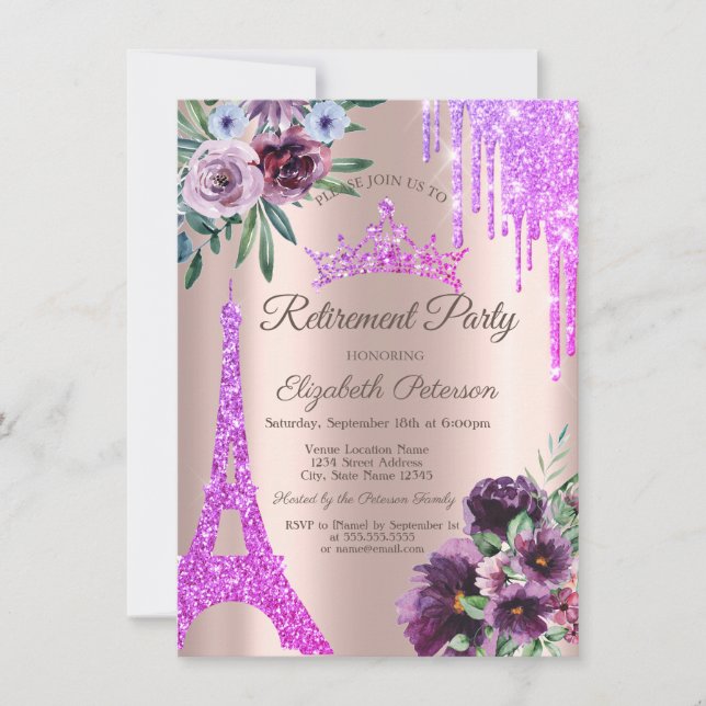 Invitación Torre Eiffel, gotas, flores violetas Jubilación (Anverso)