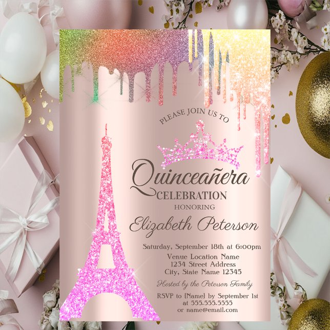 Invitación Torre Eiffel, goteo arco iris Rosa de oro Quinceañ (Subido por el creador)