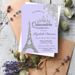 Invitación Torre Eiffel, Gotitas de Plata Quinceañera Lavanda