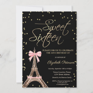 Invitación Torre Eiffel Lazo Dorado Diamantes Negro Cumpleaño