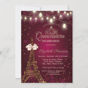 Invitación Torre Eiffel, Lazo, Luces de Tiara Rojas Quinceañe