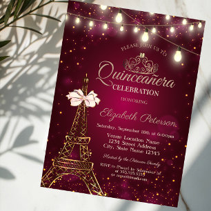 Invitación Torre Eiffel, Lazo, Luces de Tiara Rojas Quinceañe