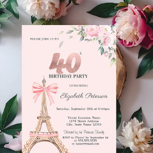 Invitación Torre Eiffel Lazo Rosado Flores 40 Cumpleaños