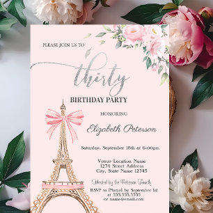 Invitación Torre Eiffel Lazo Rosado Flores Cumpleaños 30