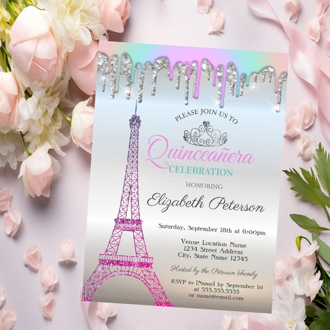 Invitación Torre Eiffel, lloviznas de plata Quinceañera (Subido por el creador)