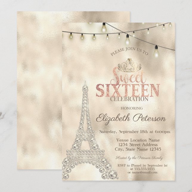 Invitación Torre Eiffel, luces doradas Tiara Dulces 16 (Anverso / Reverso)