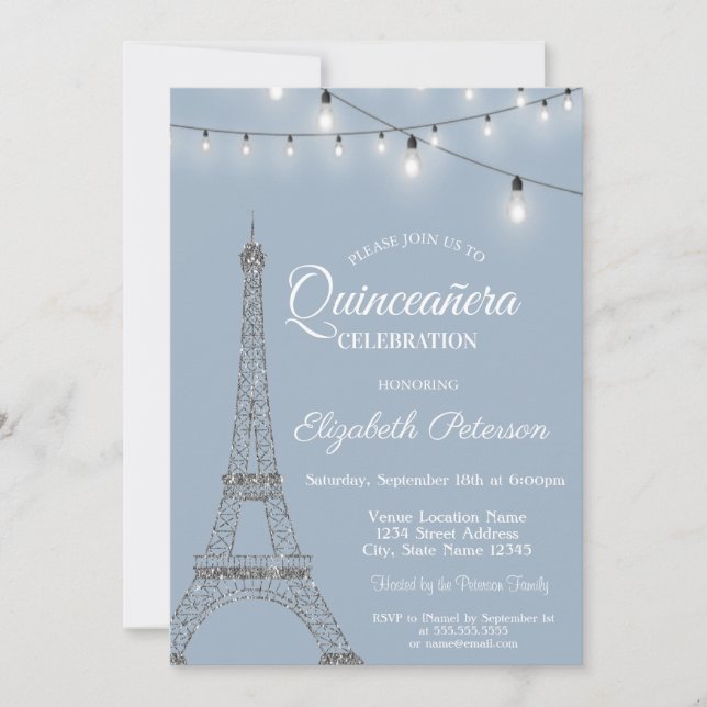Invitación Torre Eiffel, Luces Dusty Azul Quinceañera (Anverso)