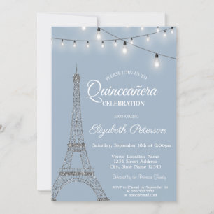 Invitación Torre Eiffel, Luces Dusty Azul Quinceañera