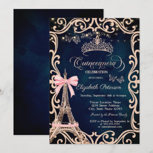Invitación Torre Eiffel Marco Brillo Mariposa Azul 