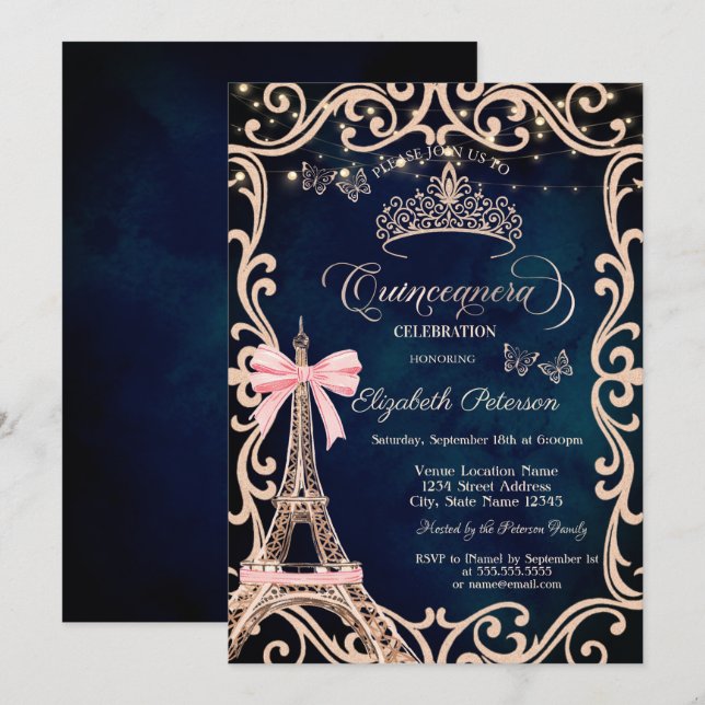 Invitación Torre Eiffel Marco Brillo Mariposa Azul  (Anverso / Reverso)