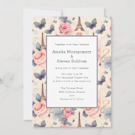 Invitación Torre Eiffel Mariposa y Patrón de Rosas Boda
