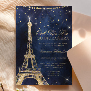 Invitación Torre Eiffel moda oro purpurina chispa quinceanera