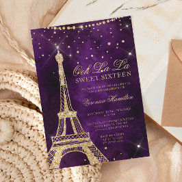 Invitación Torre Eiffel moda oro purpurina púrpura dulce 16
