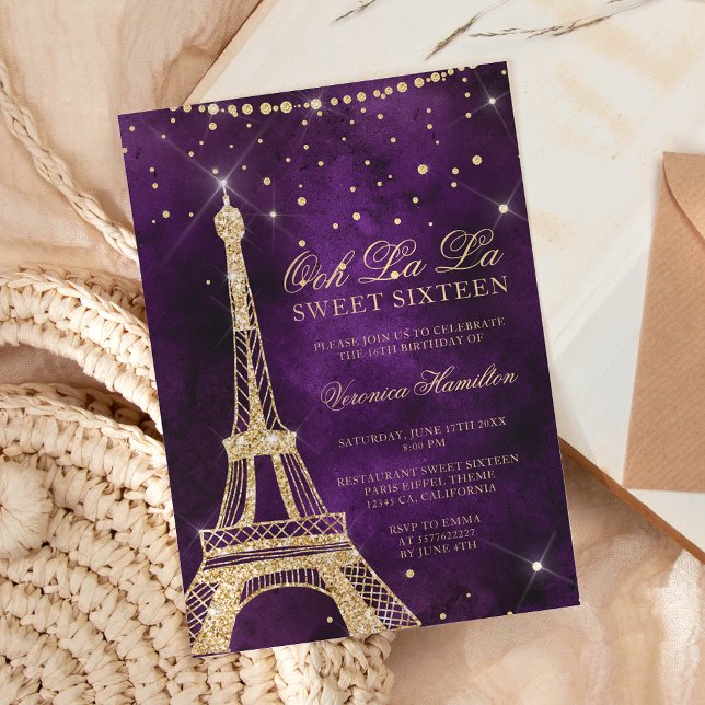 Invitación Torre Eiffel moda oro purpurina púrpura dulce 16 (Subido por el creador)