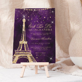 Invitación Torre Eiffel moda oro purpurina púrpura quinceaner