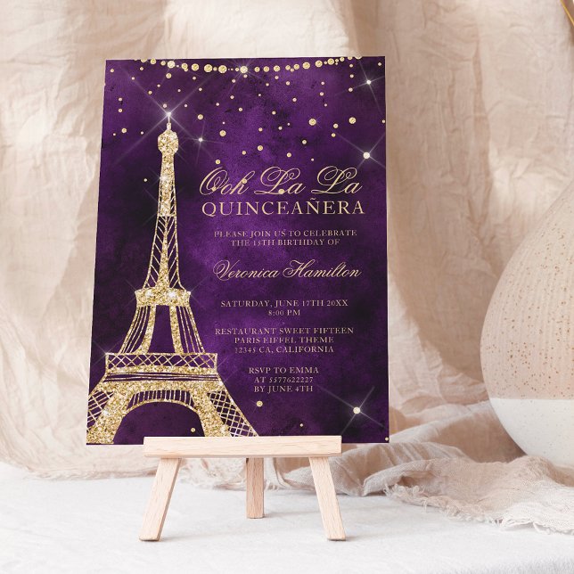 Invitación Torre Eiffel moda oro purpurina púrpura quinceaner (Subido por el creador)