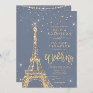 Invitación Torre Eiffel moda purpurina de oro espumoso boda