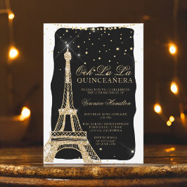 Invitación Torre Eiffel moda purpurina de oro negro quinceane