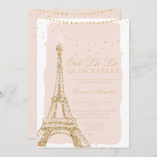 Invitación Torre Eiffel moda purpurina dorado quinceanera (Anverso / Reverso)