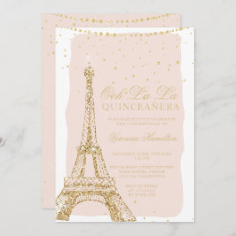Invitación Torre Eiffel moda purpurina dorado quinceanera