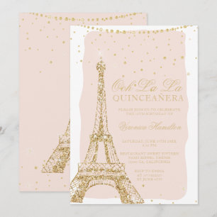 Invitación Torre Eiffel moda purpurina dorado quinceanera