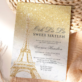 Invitación Torre Eiffel moda purpurina oro mármol Sweet 16