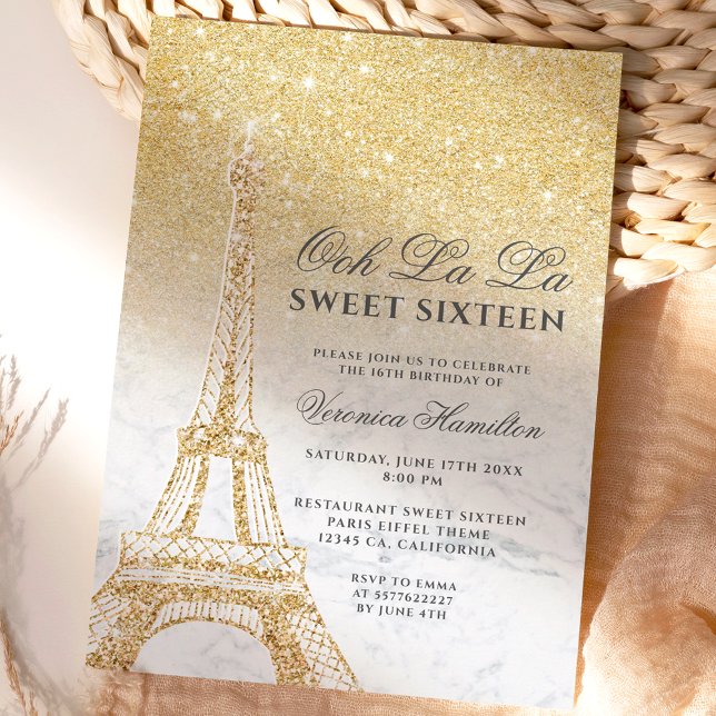 Invitación Torre Eiffel moda purpurina oro mármol Sweet 16 (Subido por el creador)