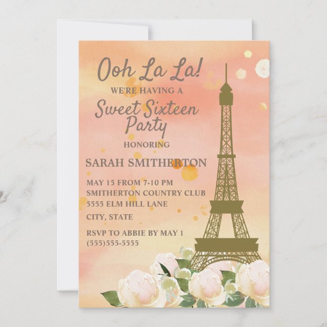 Invitación Torre Eiffel Naranja Rosa Blanca Floral Sweet 16 (Anverso)