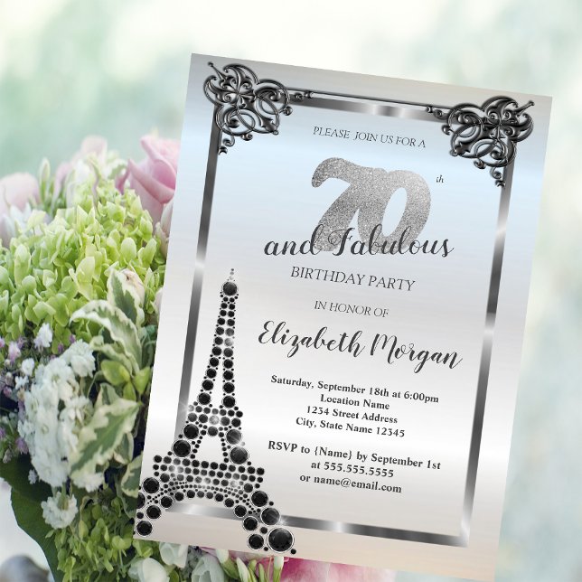 Invitación Torre Eiffel negra de lujo, borde cumpleaños 70 (Subido por el creador)