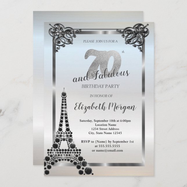 Invitación Torre Eiffel Negra de Lujo, Cumpleaños 70 de Front (Anverso / Reverso)