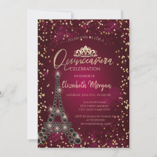 Invitación Torre Eiffel negra,Quinceañera de diamantes burdeo