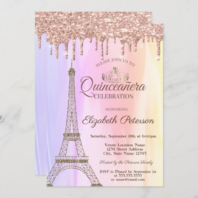 Invitación Torre Eiffel, Oro Rosa Ombre Quinceañera (Anverso / Reverso)