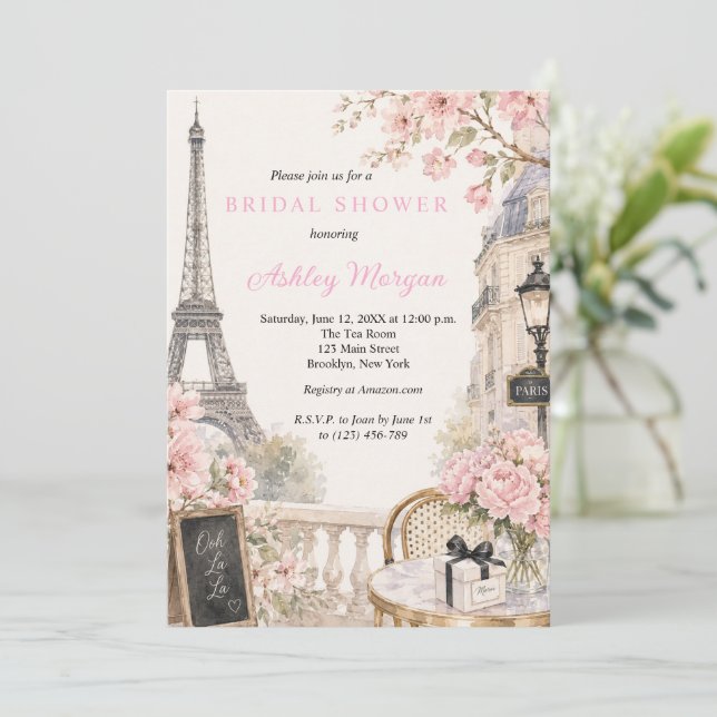 Invitación Torre Eiffel París Flores Rosadas Despedida de Sol (Anverso de pie)