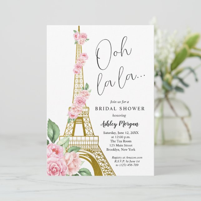 Invitación Torre Eiffel París Flores rosas Ducha de Novias (Anverso de pie)