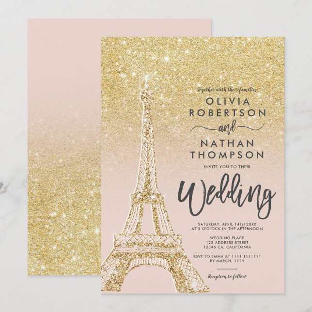 Invitación Torre Eiffel París moda oro purpurina rosa boda (Anverso / Reverso)