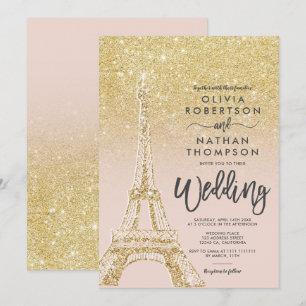 Invitación Torre Eiffel París moda oro purpurina rosa boda