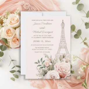 Invitación Torre Eiffel París Rosas Rosadas Boda