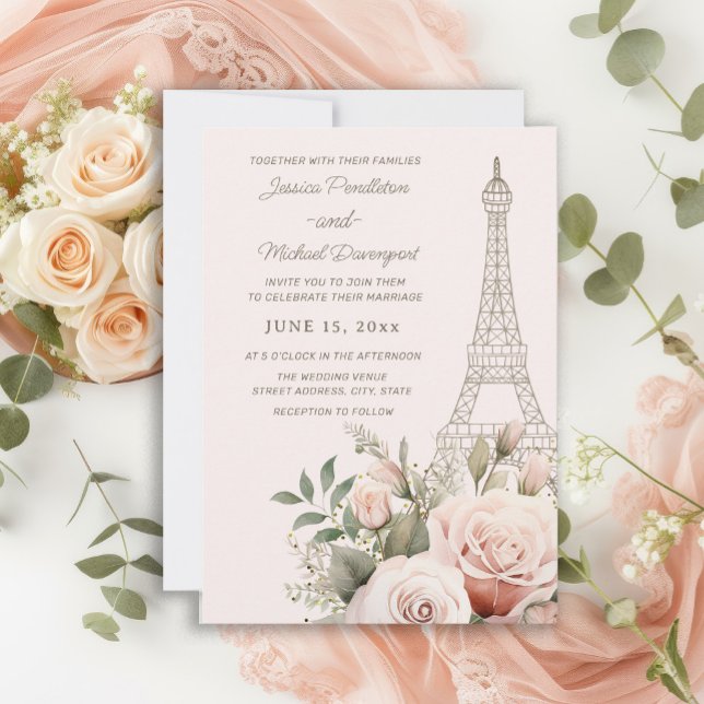 Invitación Torre Eiffel París Rosas Rosadas Boda (Eiffel Tower Pink Roses wedding invitation)