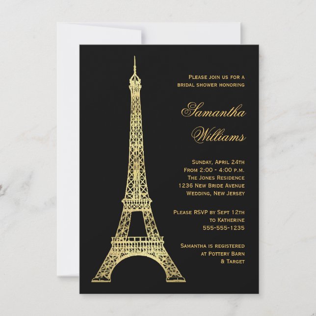Invitación Torre Eiffel Parisina Ducha de Novias Negra y Oro (Anverso)