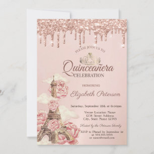 Invitación Torre Eiffel Peonías Rosa Dorado Drips Quinceañera