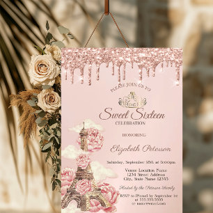 Invitación Torre Eiffel Peonías Rosa Dorado Goteo Dulces 16
