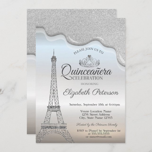Invitación Torre Eiffel, perforaciones plateadas Quinceañera (Anverso / Reverso)