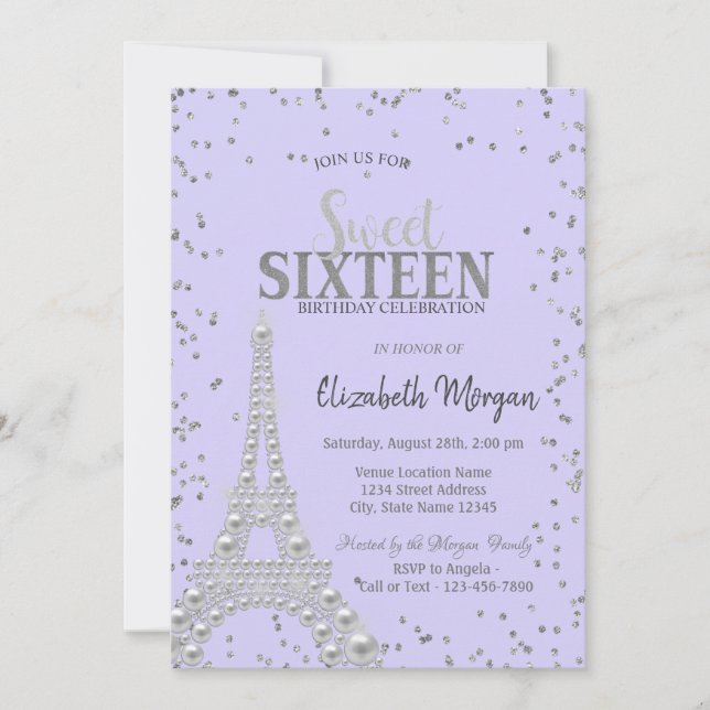Invitación Torre Eiffel Perlas, Marco de Diamantes Lavanda (Anverso)