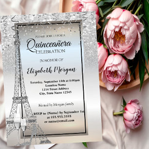 Invitación Torre Eiffel Plata Brillante, Vidrio, Tacón Quince