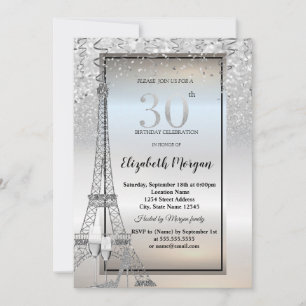 Invitación Torre Eiffel Plata Brillo, Vidrio, Tacón 30th