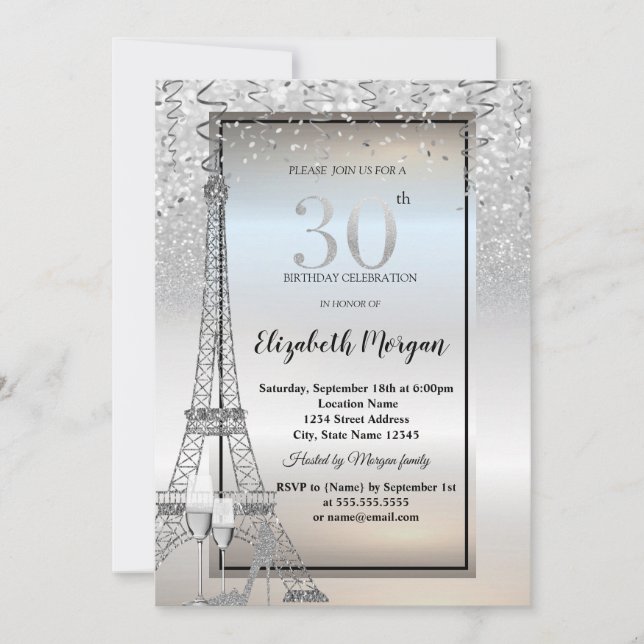 Invitación Torre Eiffel Plata Brillo, Vidrio, Tacón 30th (Anverso)