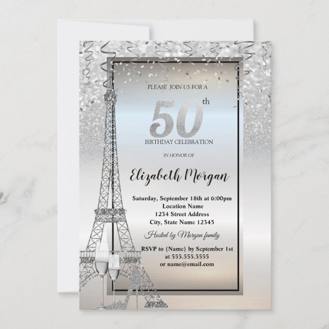 Invitación Torre Eiffel Plata Brillo, Vidrio, Tacones 50º Ani (Anverso)