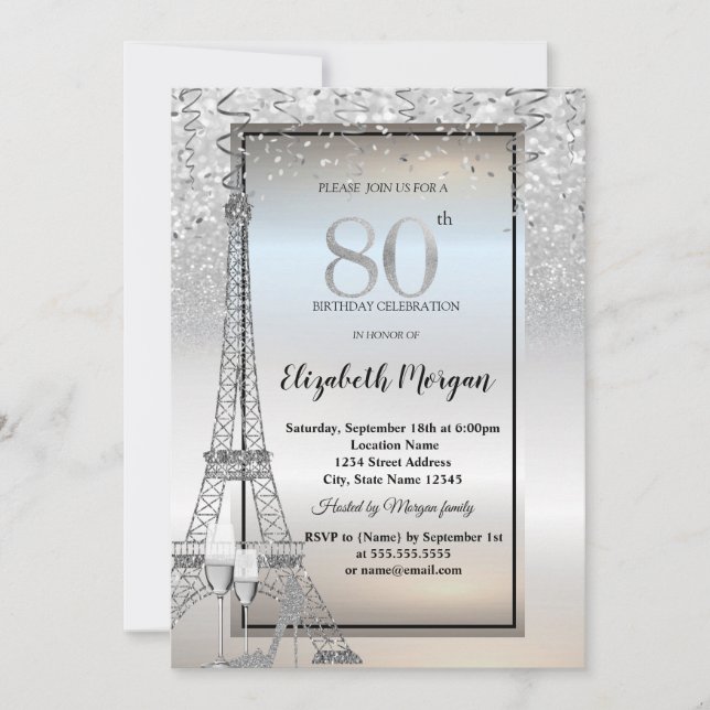 Invitación Torre Eiffel Plata Brillo, Vidrio, Tacones 80 cump (Anverso)